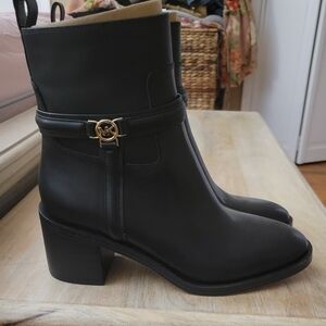 Michael Kors Black Leather Ankle Boots with Gold MK Accent